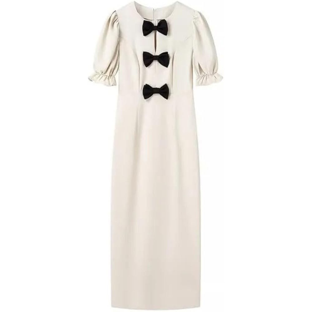 Elegant Midi Dress Black‎ Bows Puff Sleeve Party Cocktail Dress
